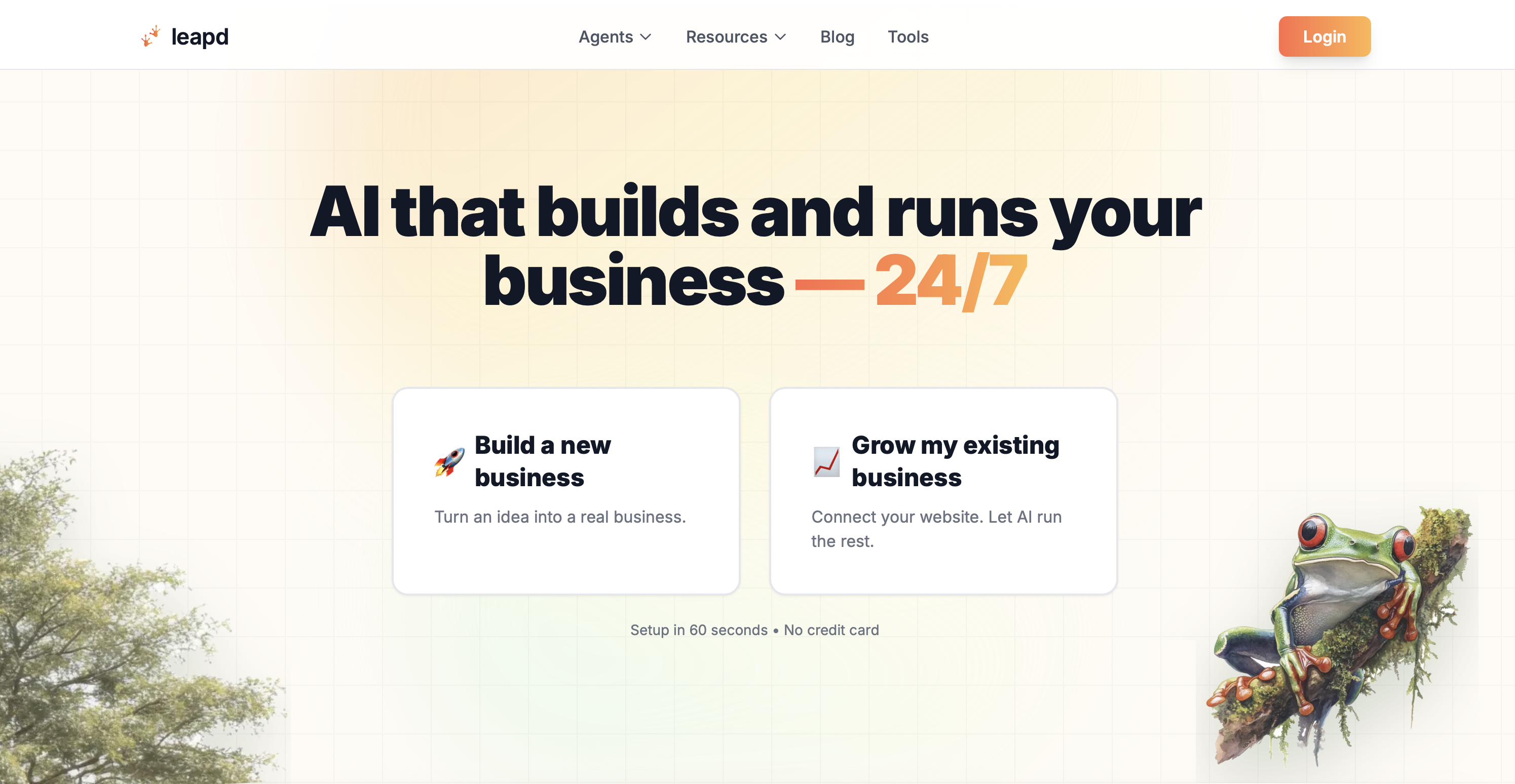 Leapd landing page showing the autonomous AI business builder interface