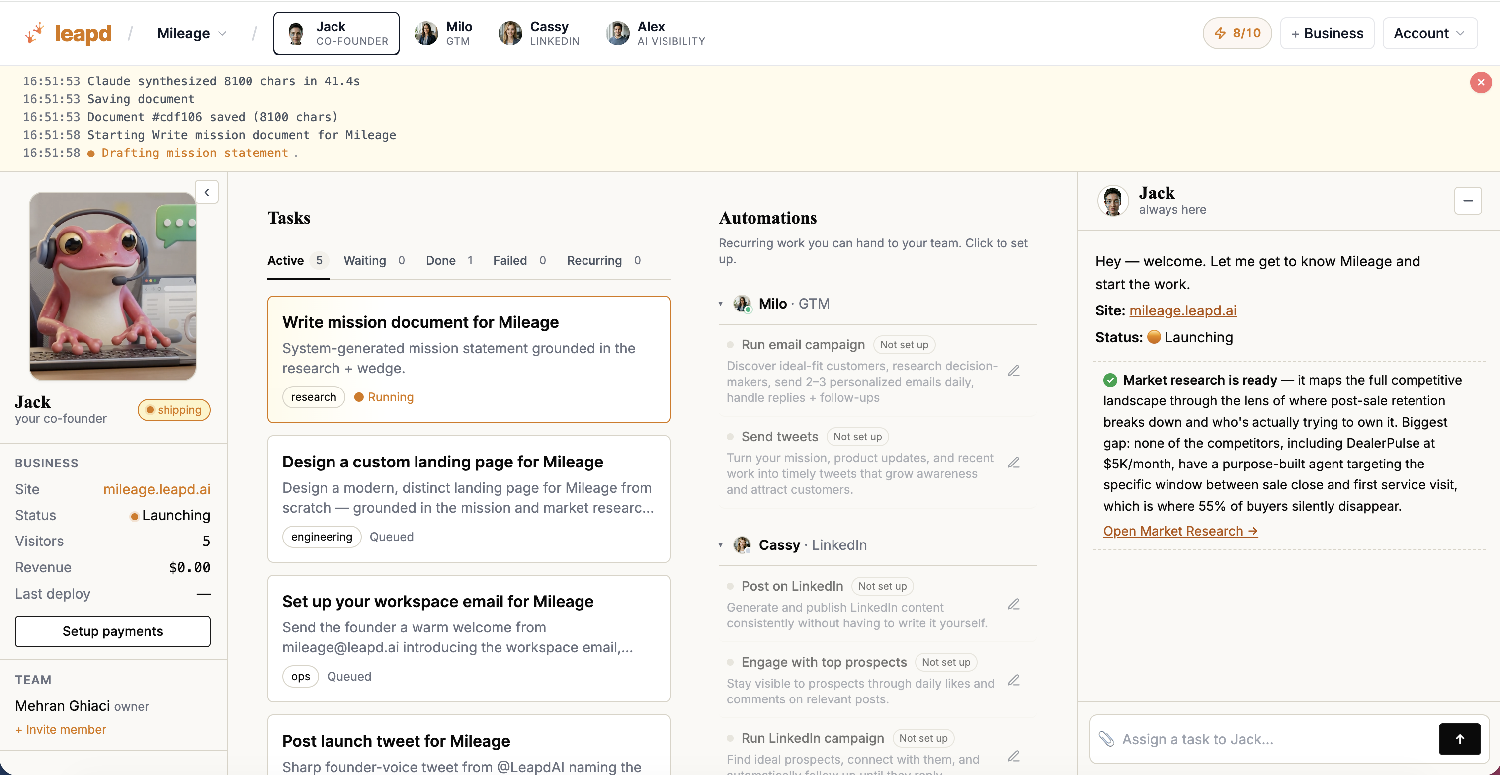 Leapd dashboard showing AI-powered new business creation from a single idea prompt