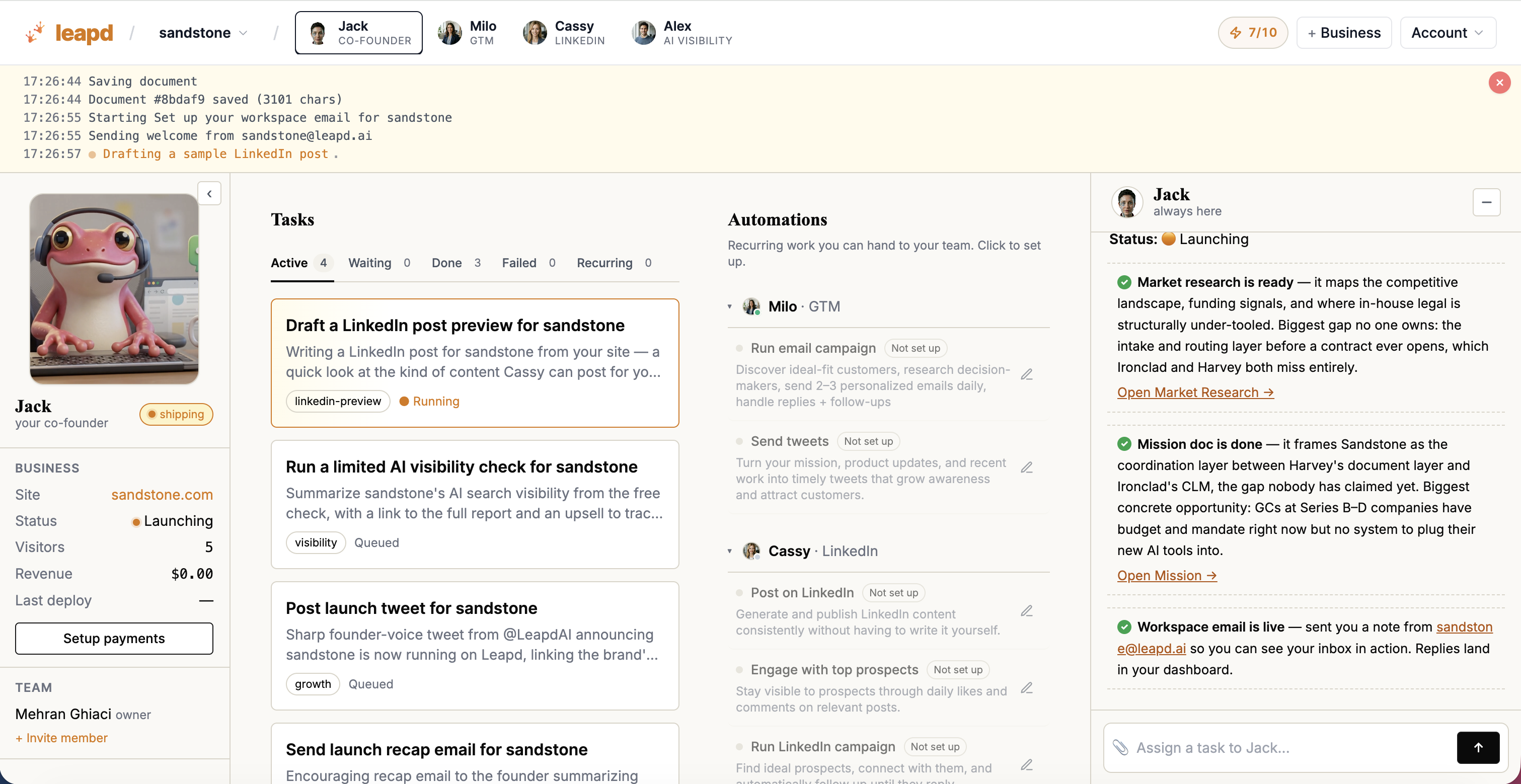 Leapd AI dashboard showing business growth automation and LinkedIn content management