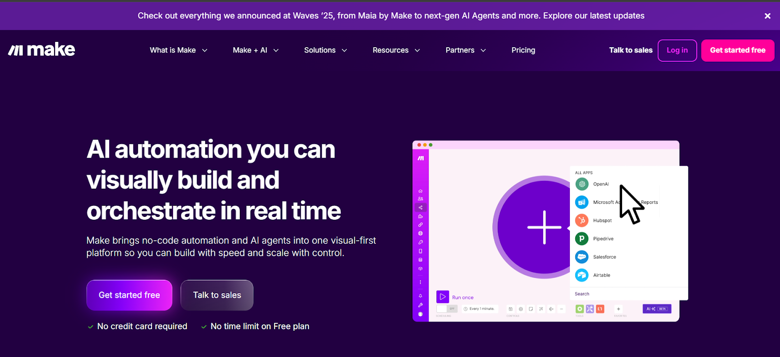 Make automation platform homepage showing visual workflow builder connecting multiple apps