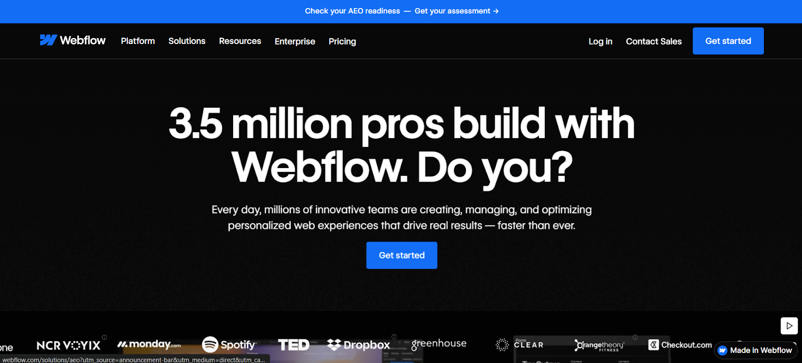 Webflow homepage showing 3.5 million professionals building professional websites with Webflow