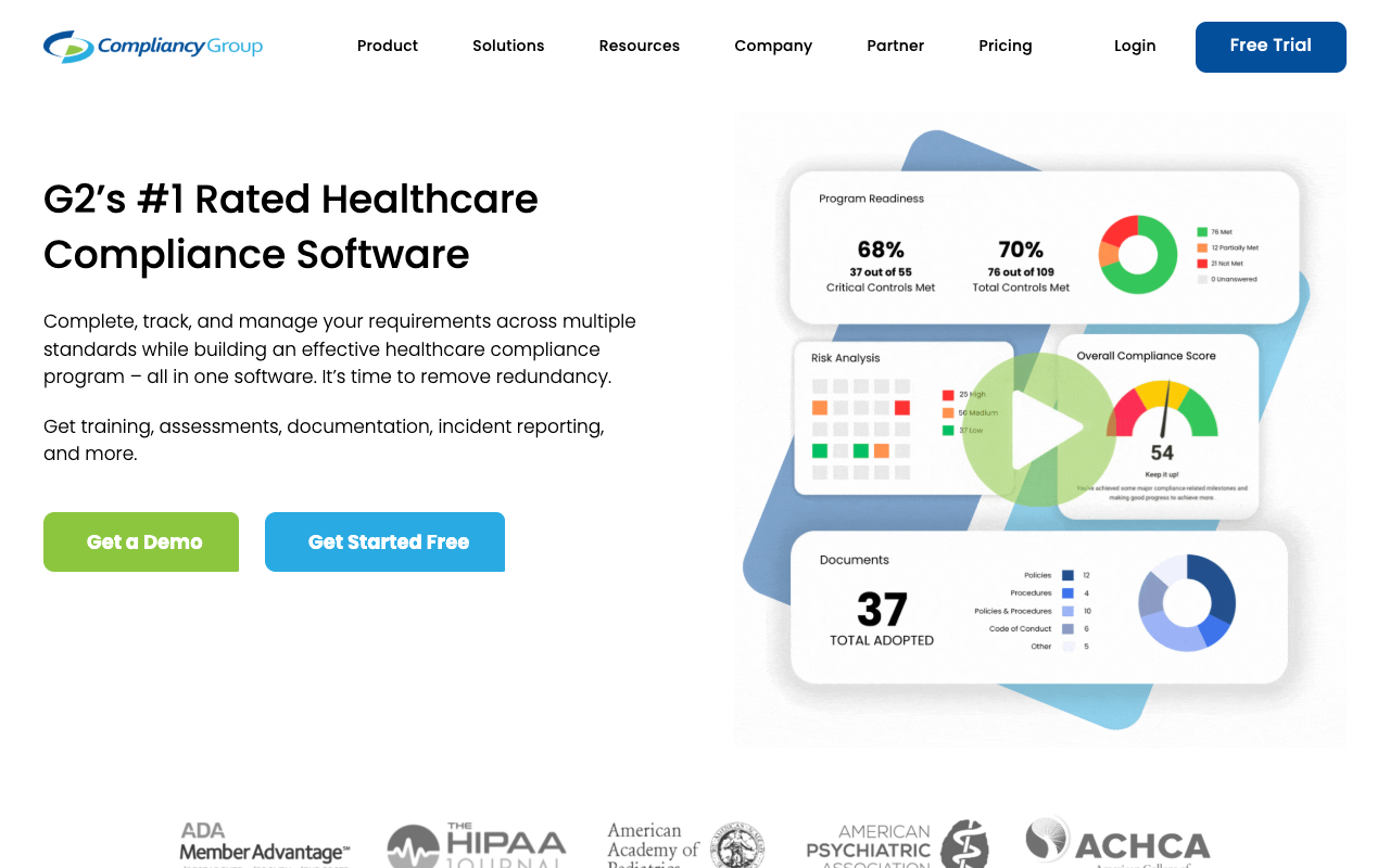 Compliancy Group platform dashboard showing HIPAA compliance program management