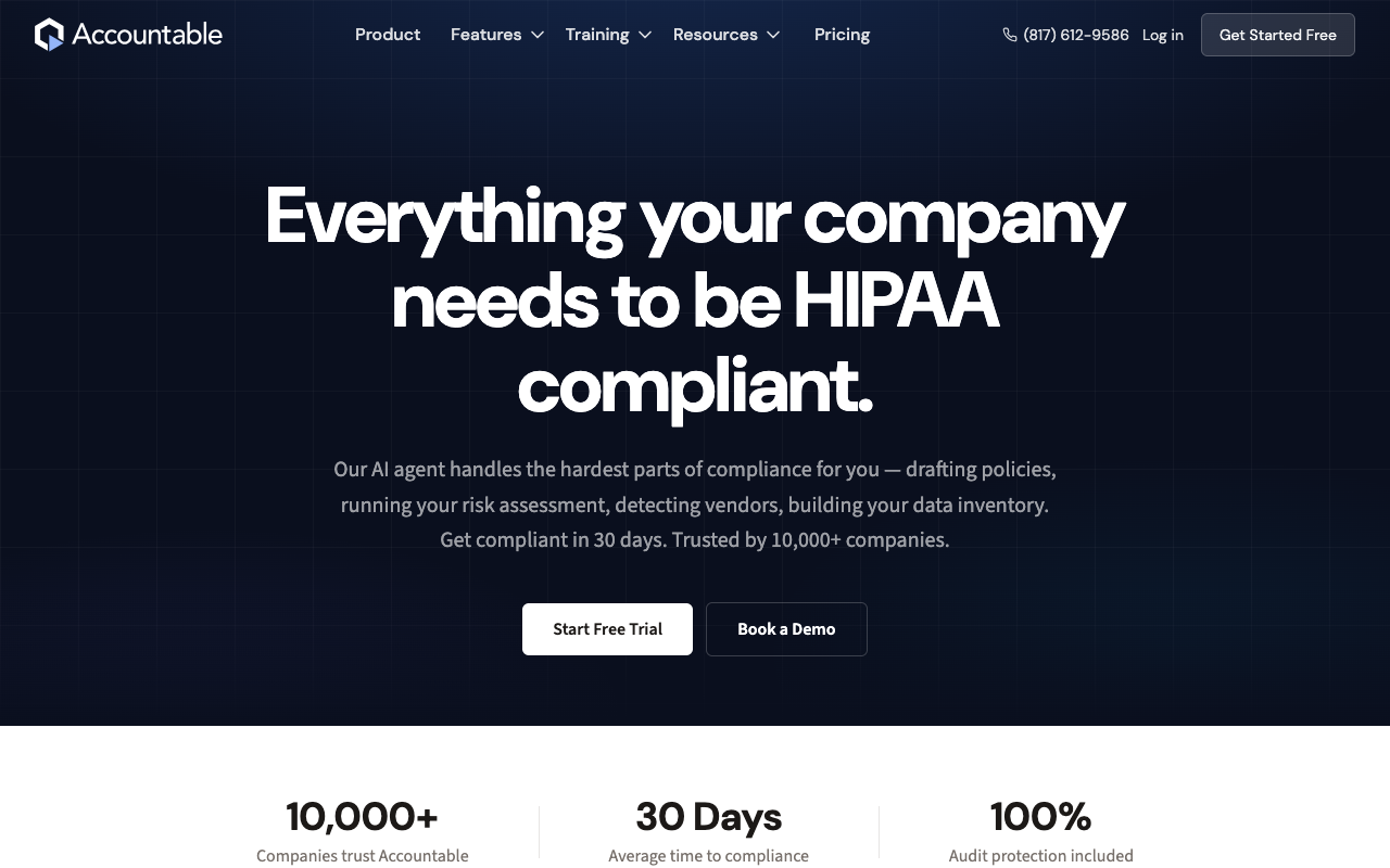 Accountable HQ HIPAA compliance platform dashboard showing team training and BAA tracking