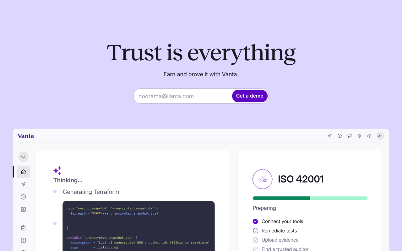 Vanta compliance platform homepage showing multi-framework compliance management