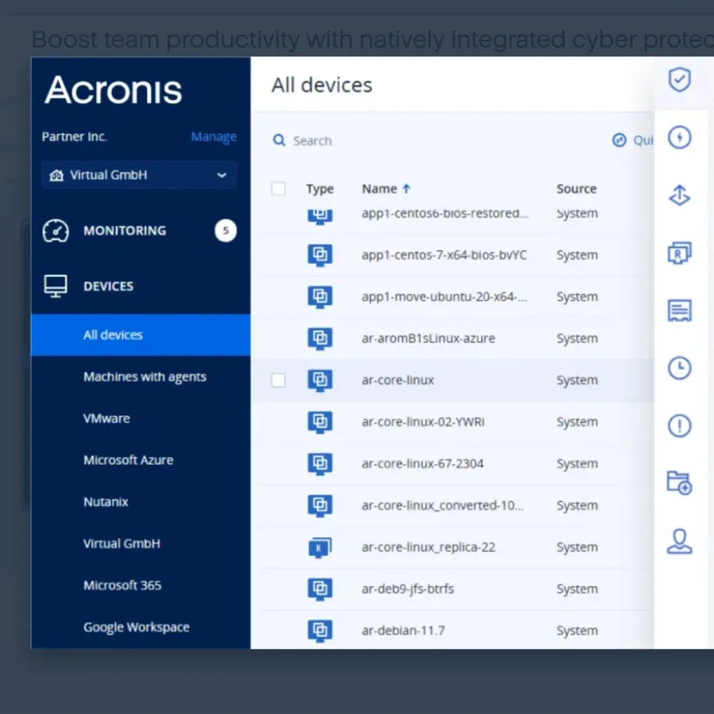Acronis Cyber Protect interface showing endpoint backup status, active protection alerts, and ransomware detection events