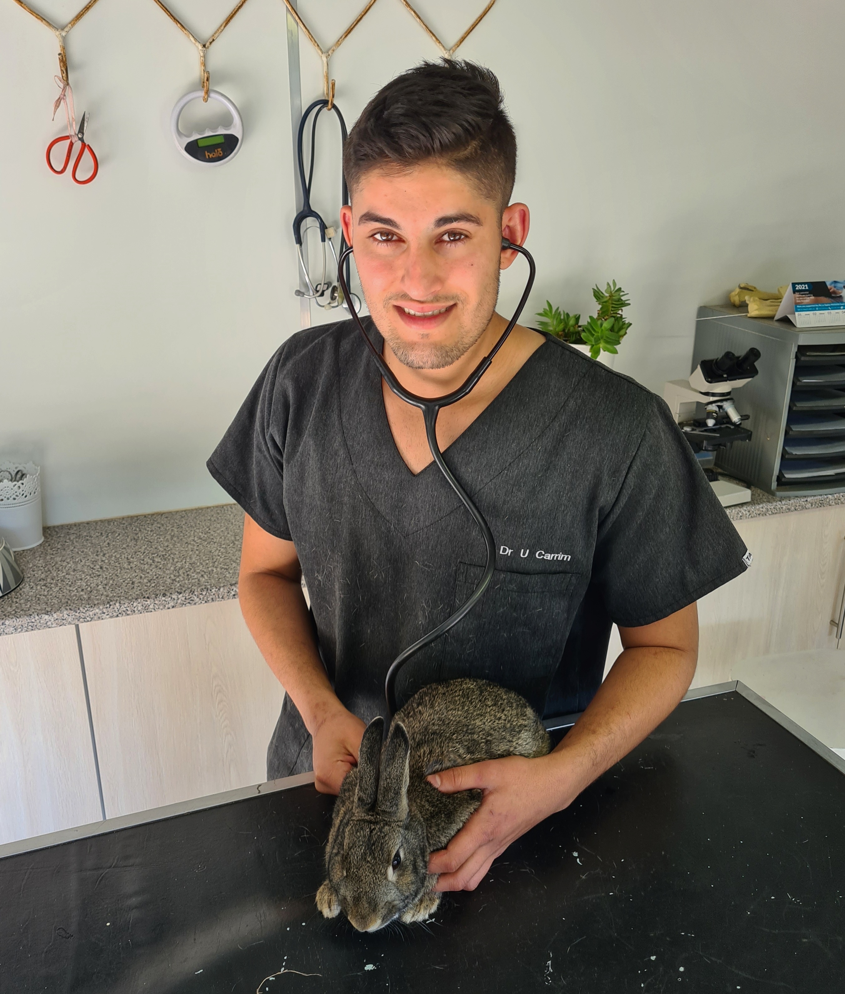 Dr Uzair Carrim in grey scrubs with a stethoscope, gently holding a rabbit