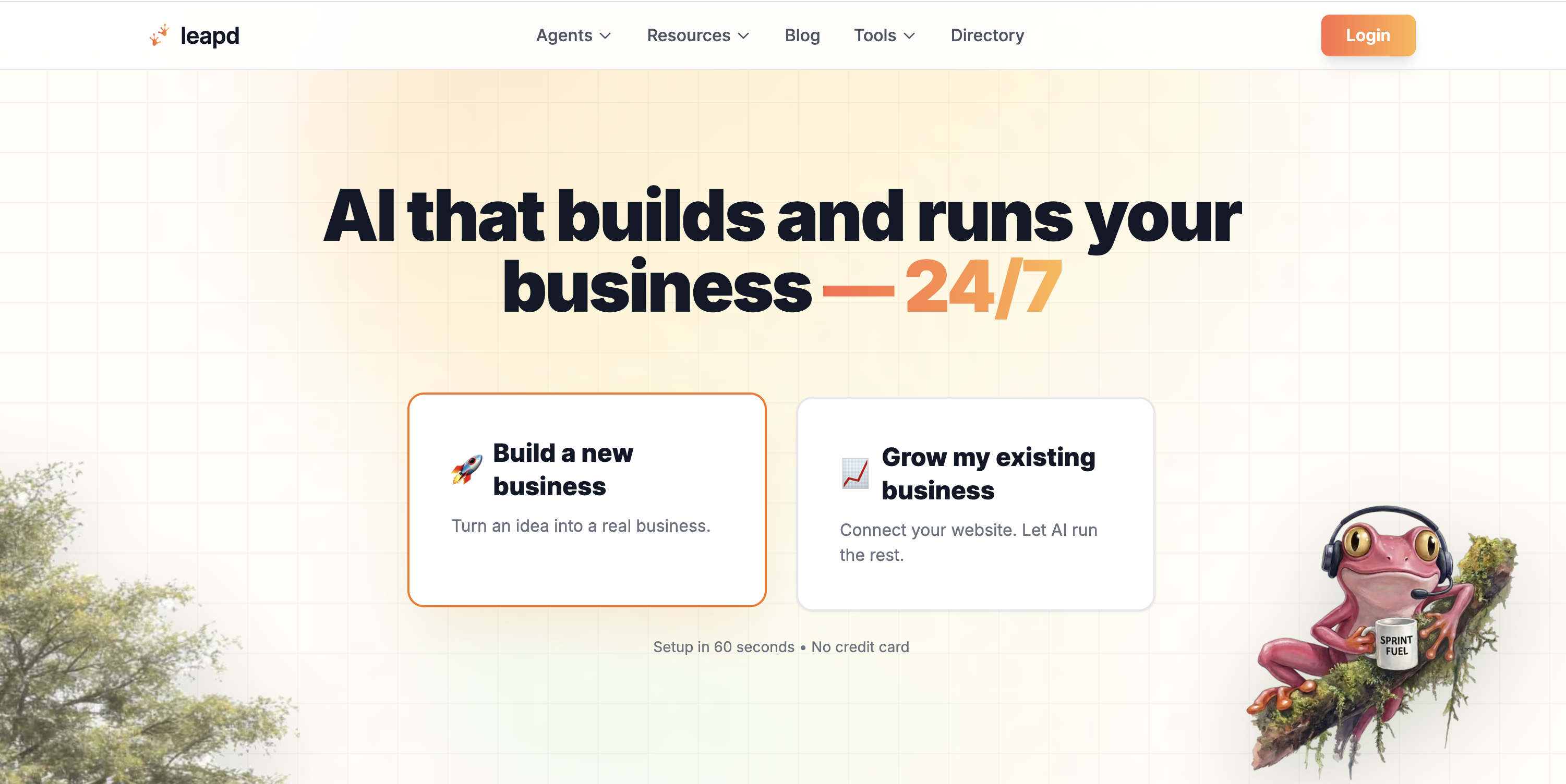 Leapd landing page showing the AI that builds and runs your business 24/7 value proposition